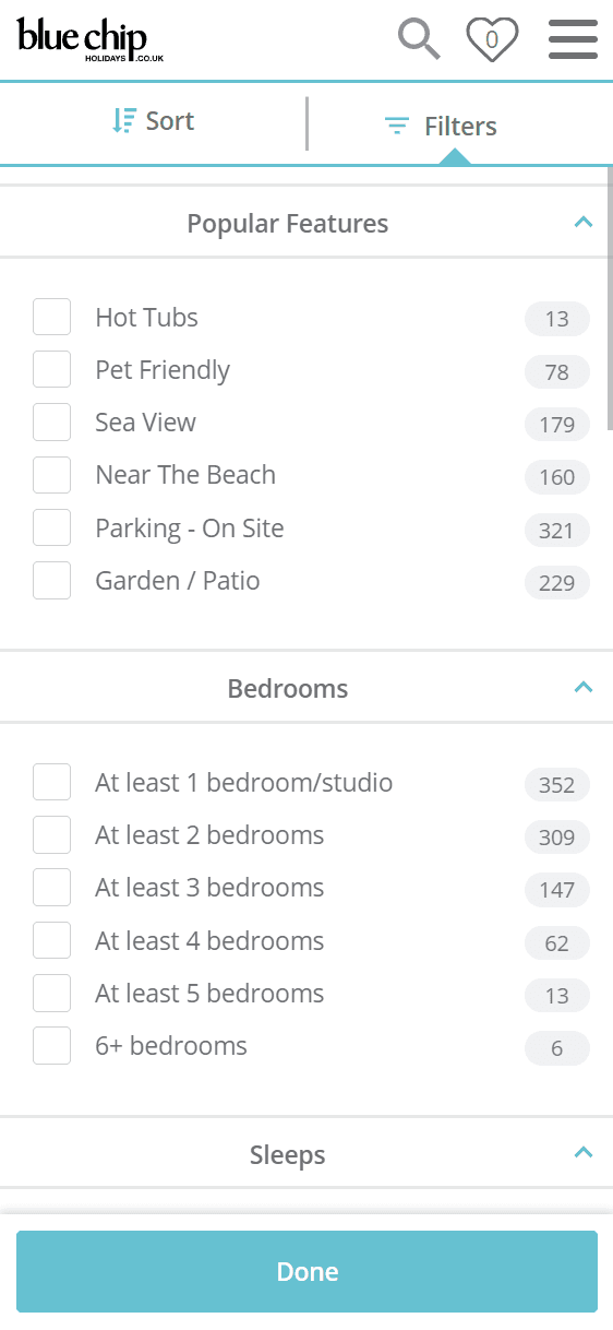 Blue Chip Holidays search results filters (mobile)